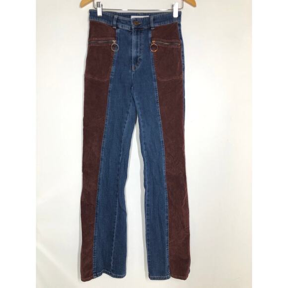 See by Chloe Denim Corduroy Bootcut Jeans 70s Flare Hem Colorblock Blue Brown 28 - Picture 7 of 15